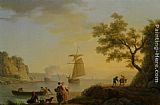 Figures Wall Art - An Extensive Coastal Landscape with Fishermen Unloading their Boats and Figures Conversing in the Foreground